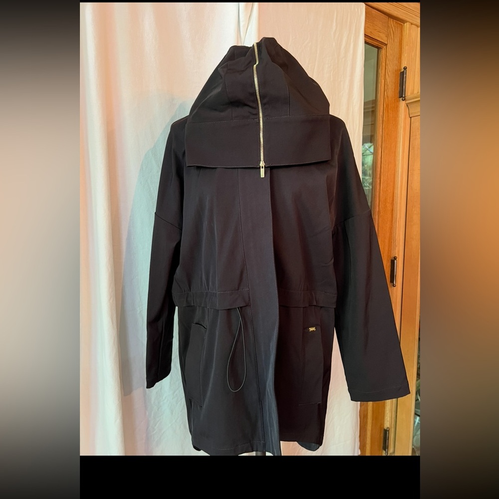 St John Elegant Black Hooded Trench Coat size small